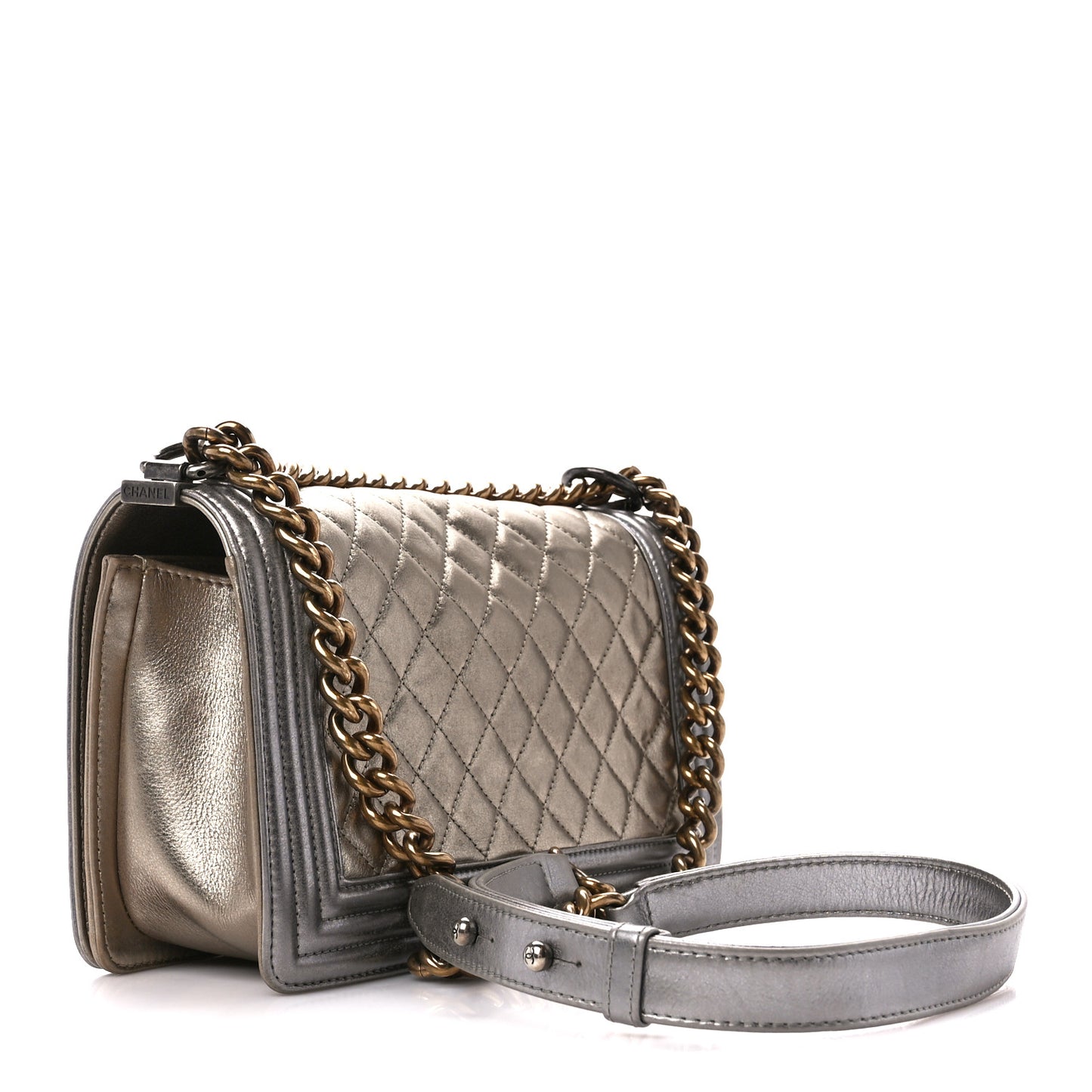 Metallic Calfskin Quilted Medium Boy Flap Khaki