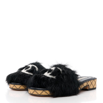 Chanel Shearling Lambskin CC Mules Sandal 40 Black White 3 of 8