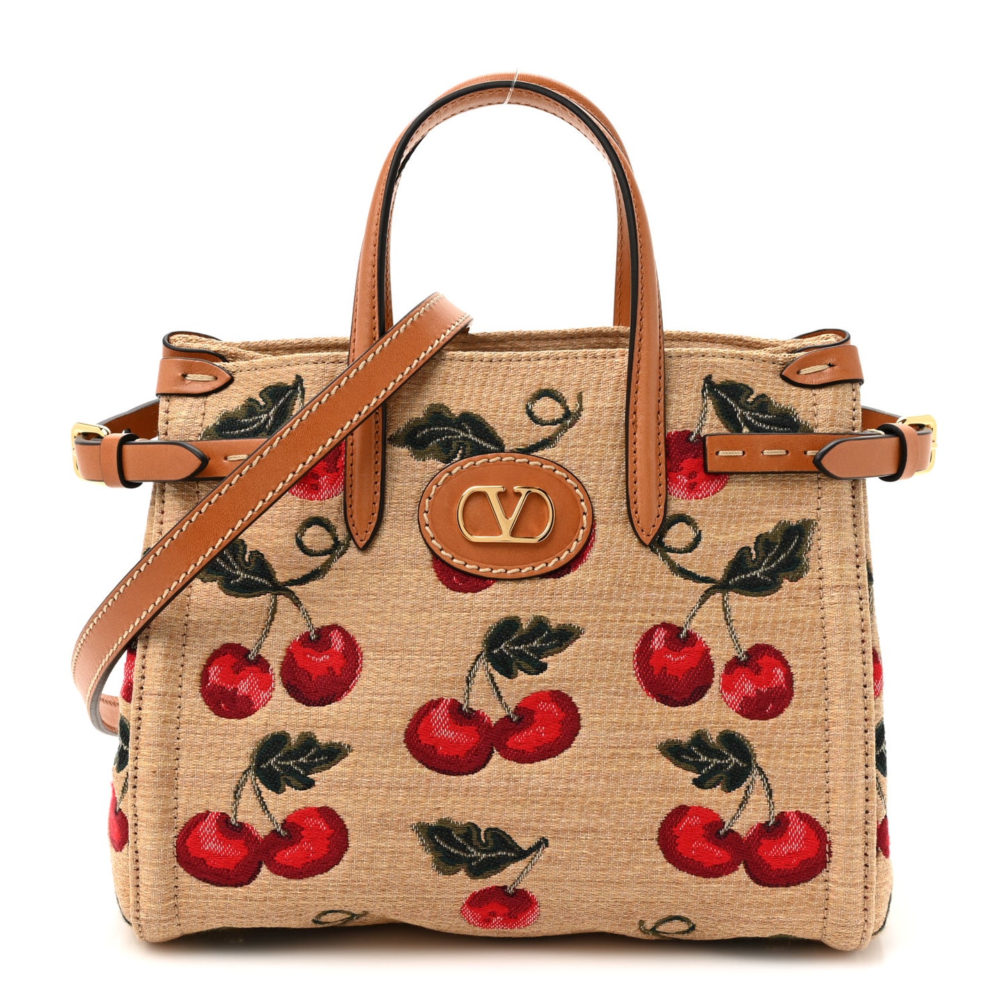 Jacquard Raffia Cherryfic Small Vlogo Antibes Shopping Bag Natural Red