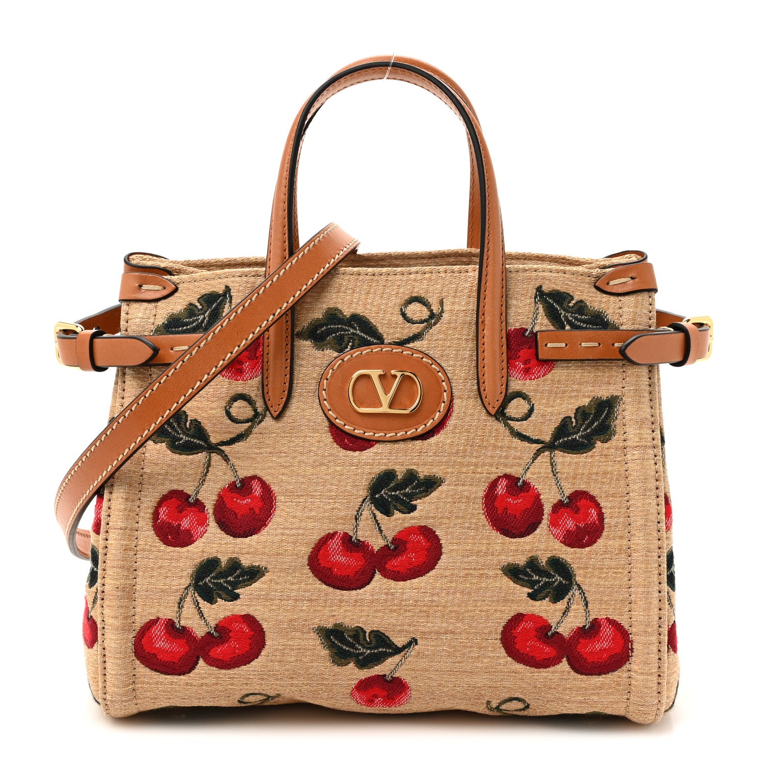 Valentino Garavani Jacquard Raffia Cherryfic Small Vlogo Antibes Shopping Bag Natural Red 1 of 9