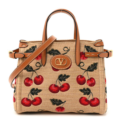 Valentino Garavani Jacquard Raffia Cherryfic Small Vlogo Antibes Shopping Bag Natural Red 1 of 9