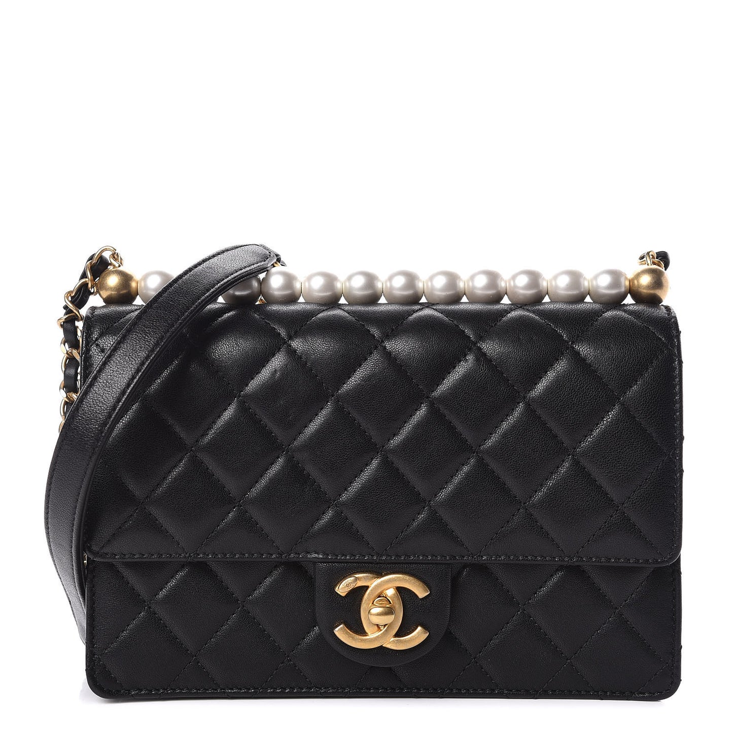 Lambskin Quilted Small Chic Pearls Flap Black