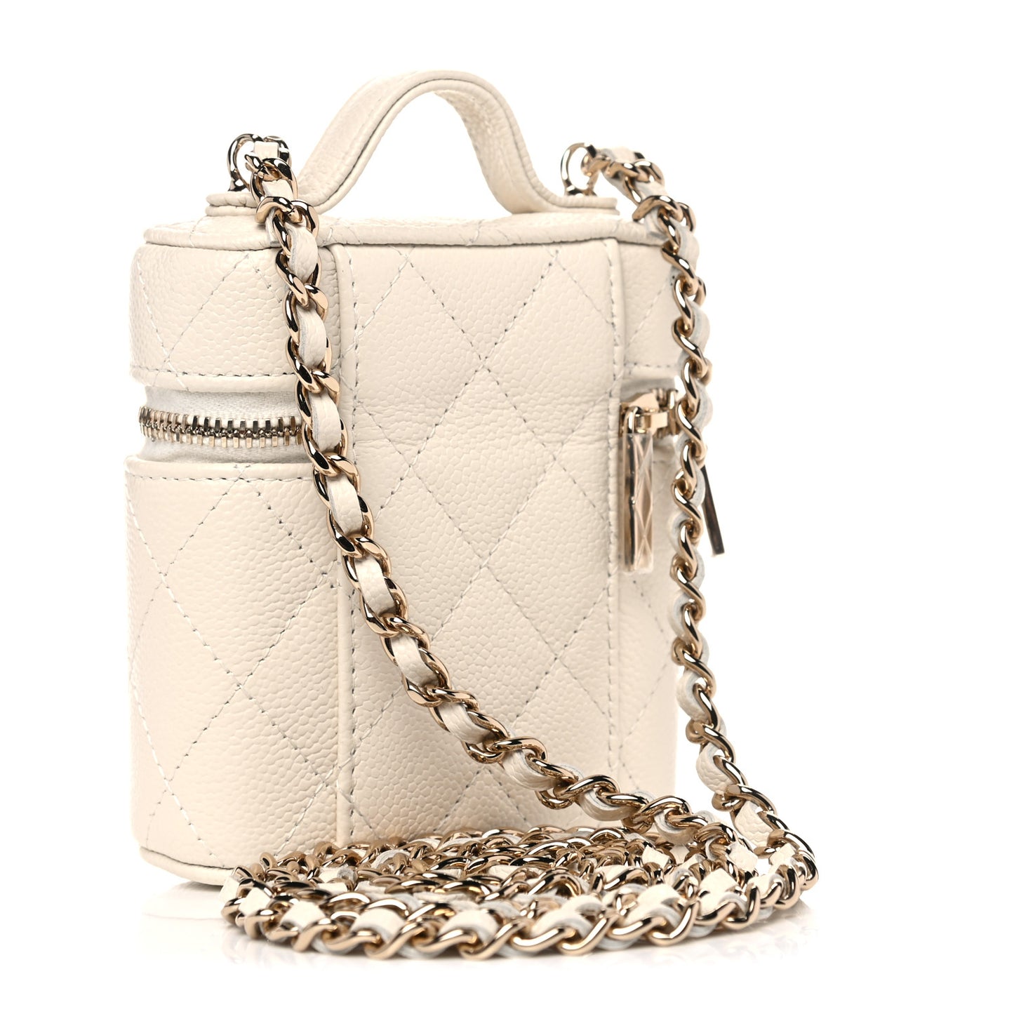 Caviar Quilted Small Handle With Care Vanity Case With Chain White
