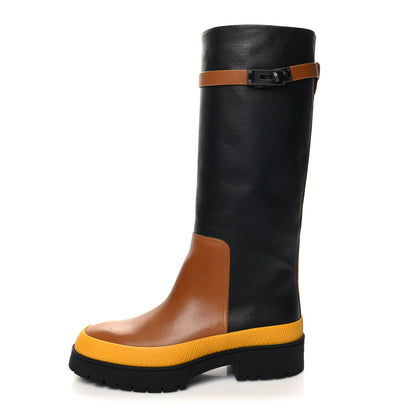 Hermes Toile De Coton Barn Boots 37 Black Marron Iroko 1 of 7