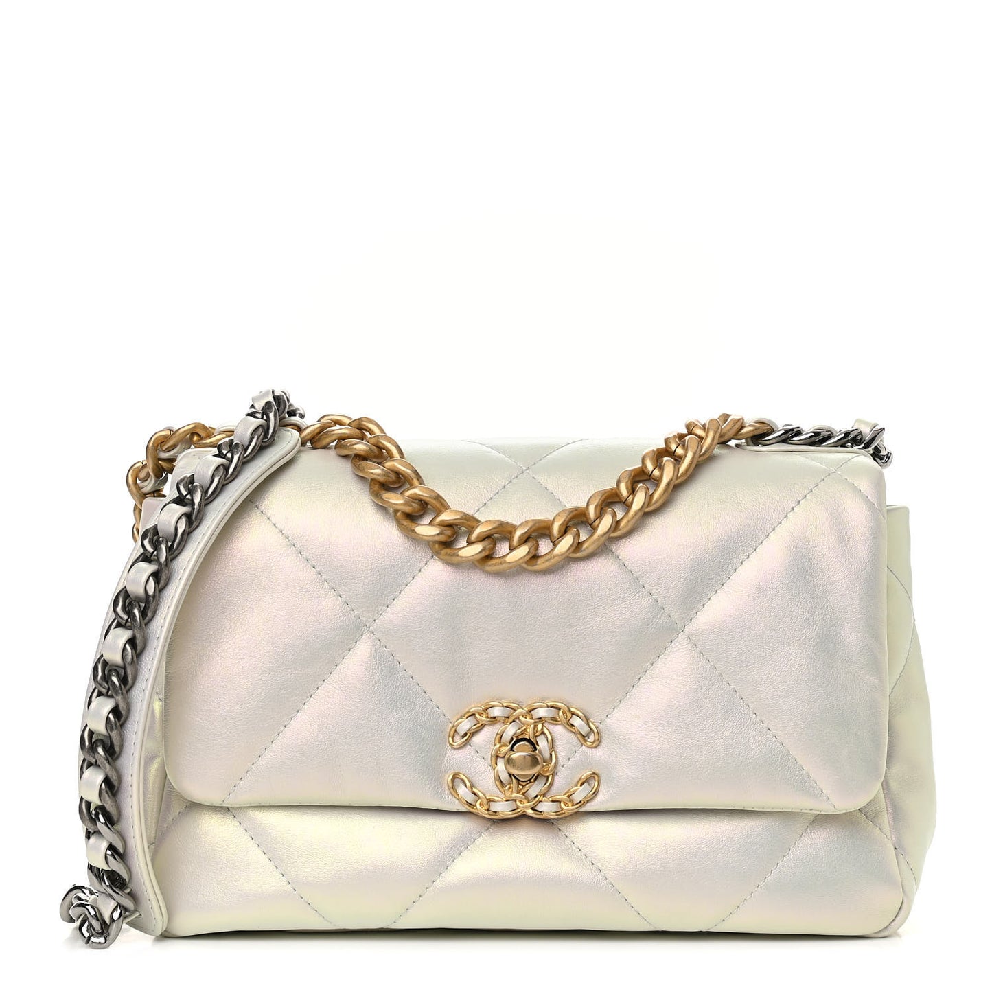 Iridescent Calfskin Quilted Medium Chanel 19 Flap White