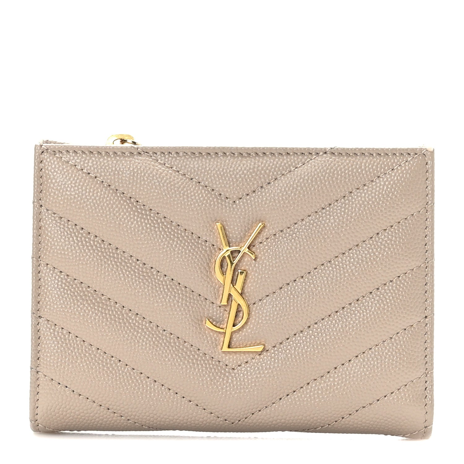 Saint Laurent Grain De Poudre Matelasse Chevron Monogram Zipped Two-Part Wallet Dark Beige 1 of 7