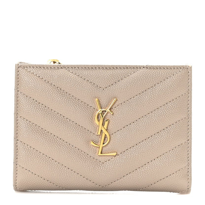 Saint Laurent Grain De Poudre Matelasse Chevron Monogram Zipped Two-Part Wallet Dark Beige 1 of 7