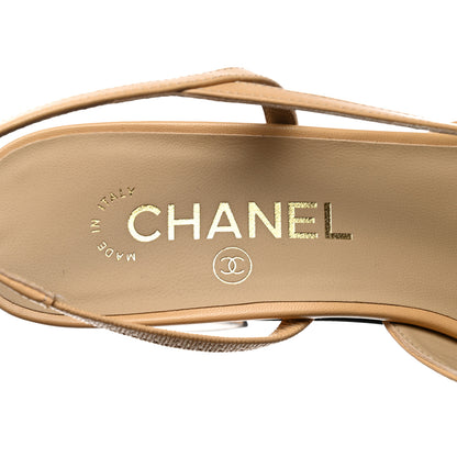Chanel Goatskin Grosgrain Cap Toe CC Slingback Pumps 39 Beige Black 7 of 9