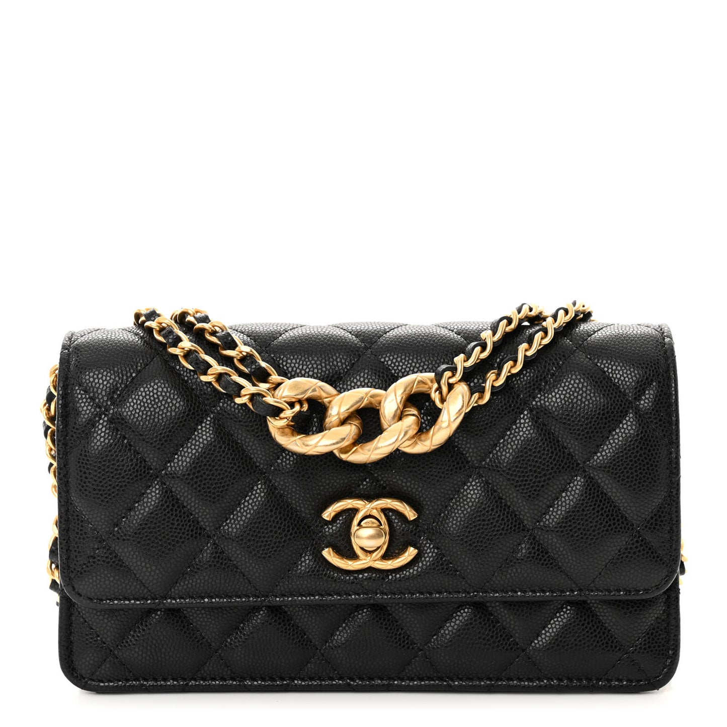 Caviar Quilted Chain Link Clutch With Chain Black