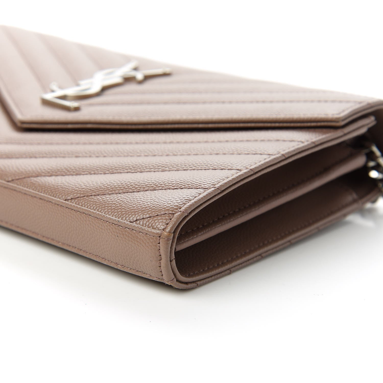 Saint Laurent Grain De Poudre Matelasse Chevron Monogram Chain Wallet Taupe 7 of 11