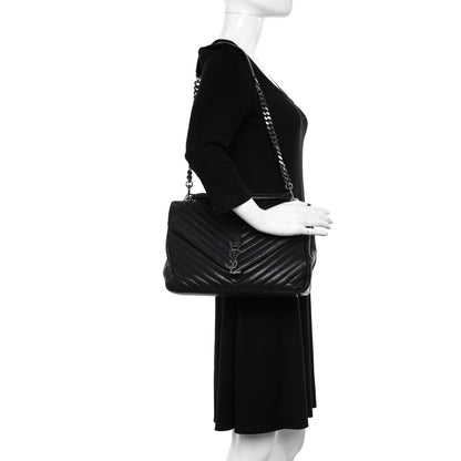 Saint Laurent Sheepskin Matelasse Chevron Monogram Large College Satchel Black 2 of 17