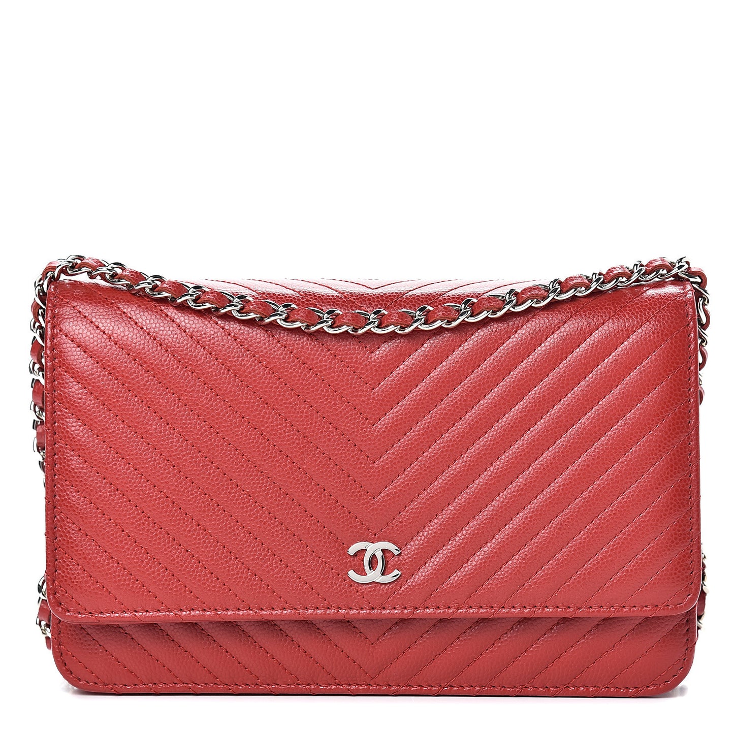 Caviar Chevron Quilted Wallet On Chain WOC Red