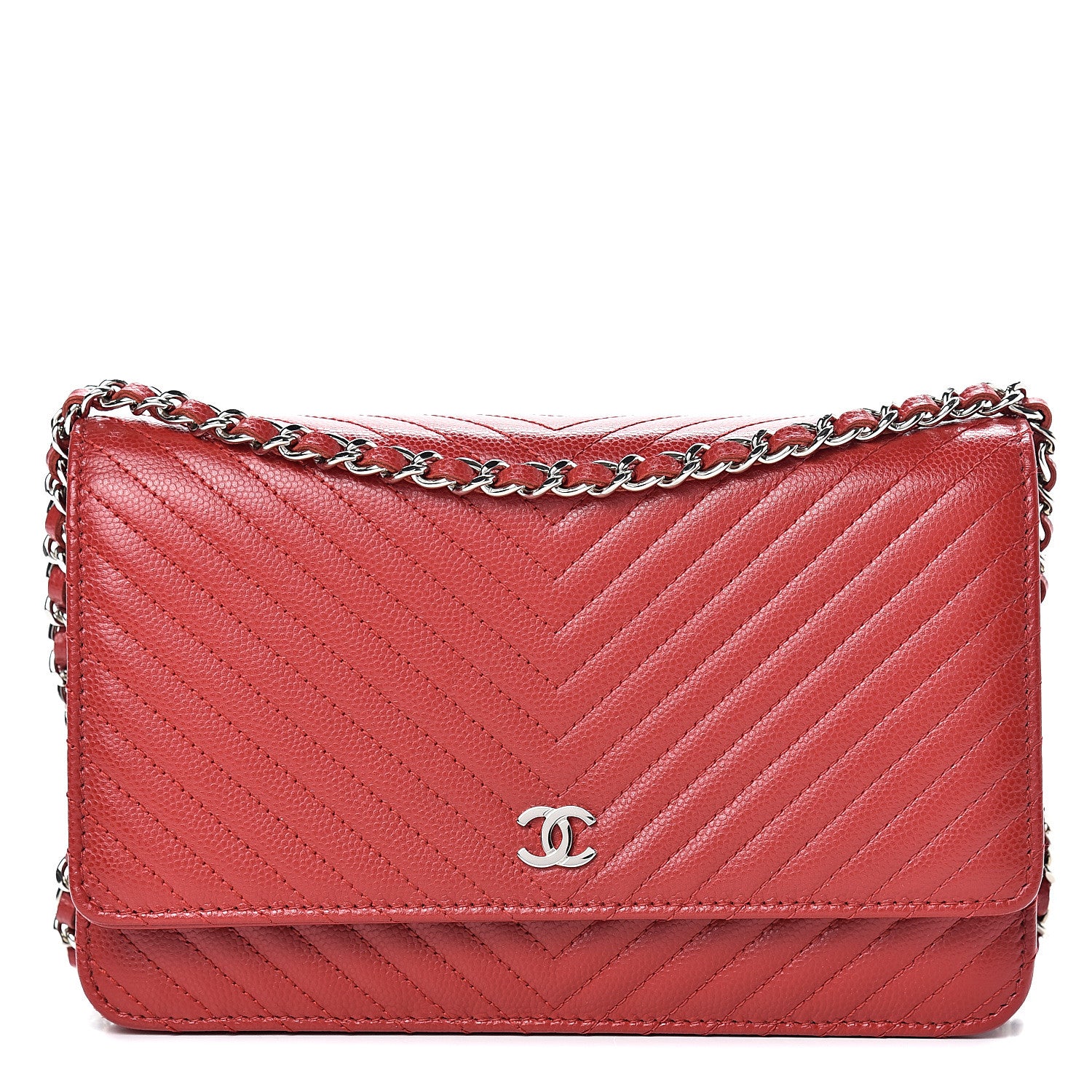 Chanel Caviar Chevron Quilted Wallet On Chain WOC Red 1 of 12
