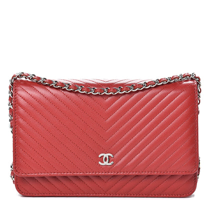 Chanel Caviar Chevron Quilted Wallet On Chain WOC Red 1 of 12