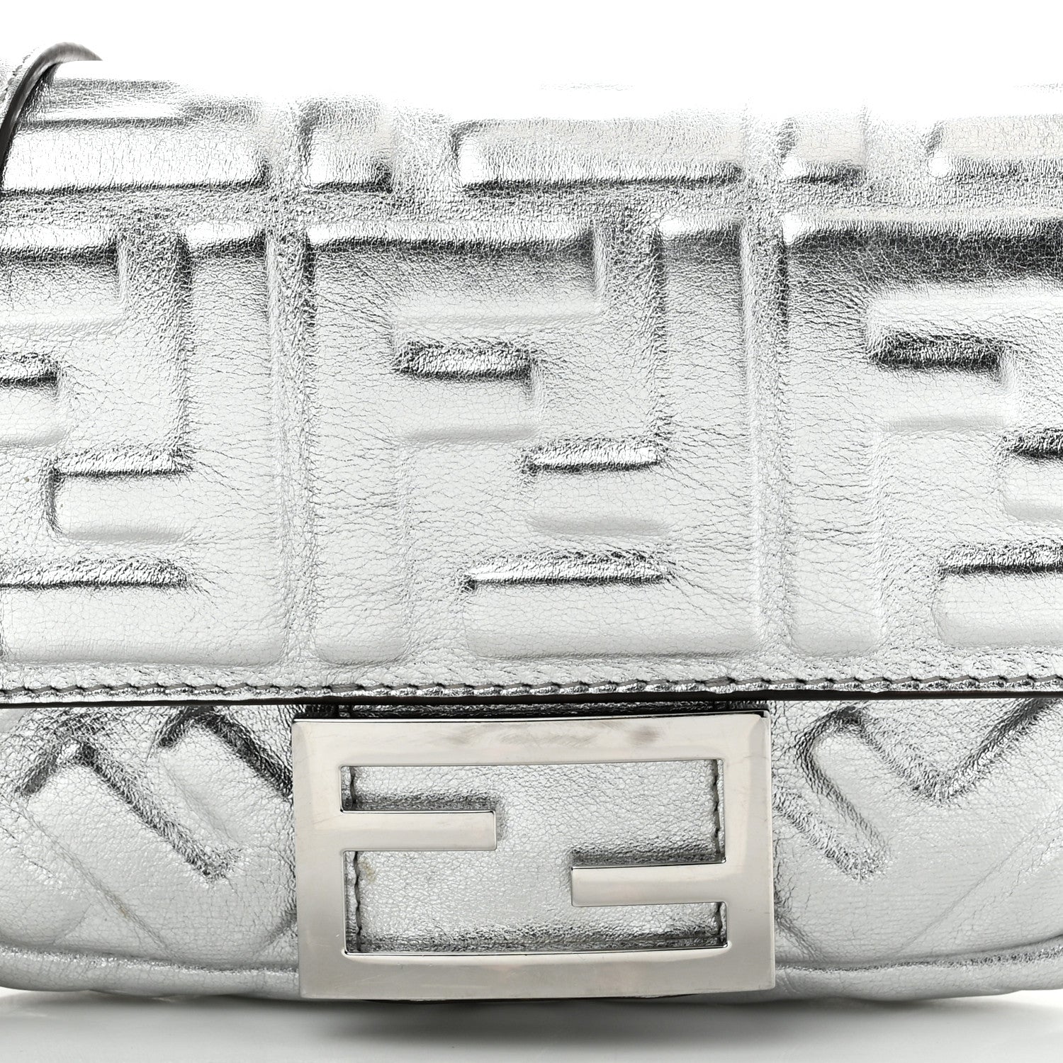 Fendi Vitello Catalan Mirror FF 1974 Embossed Mini Baguette Argento 8 of 10