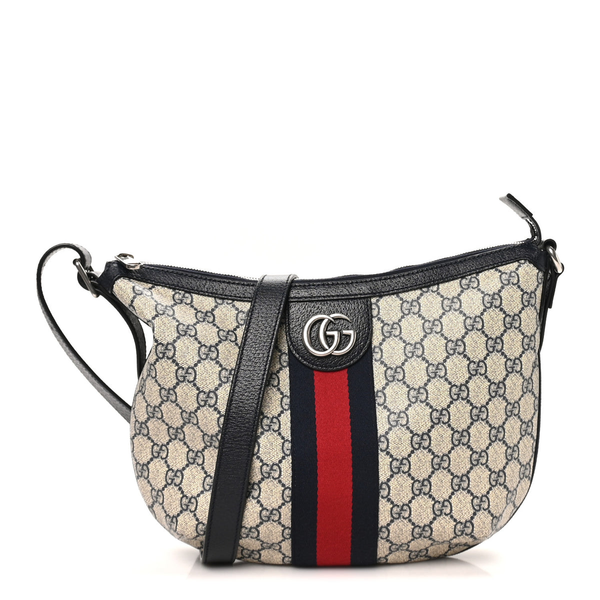 GG Supreme Monogram Textured Dollar Calfskin Web Small Ophidia Half Moon Hobo Beige Blue