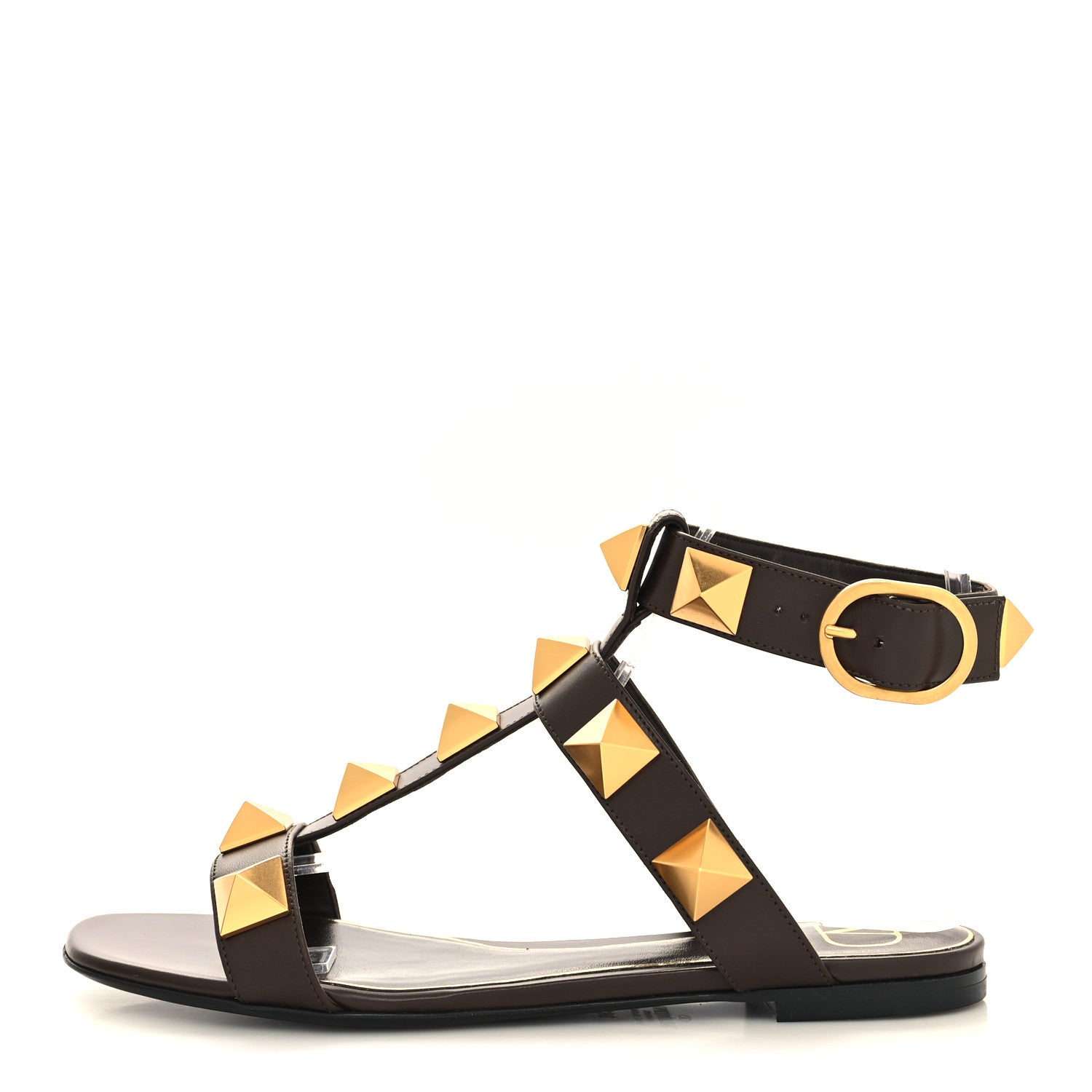 Valentino Garavani Calfskin Roman Stud Ankle Strap Flat Sandals 36.5 Dark Brown 1 of 8