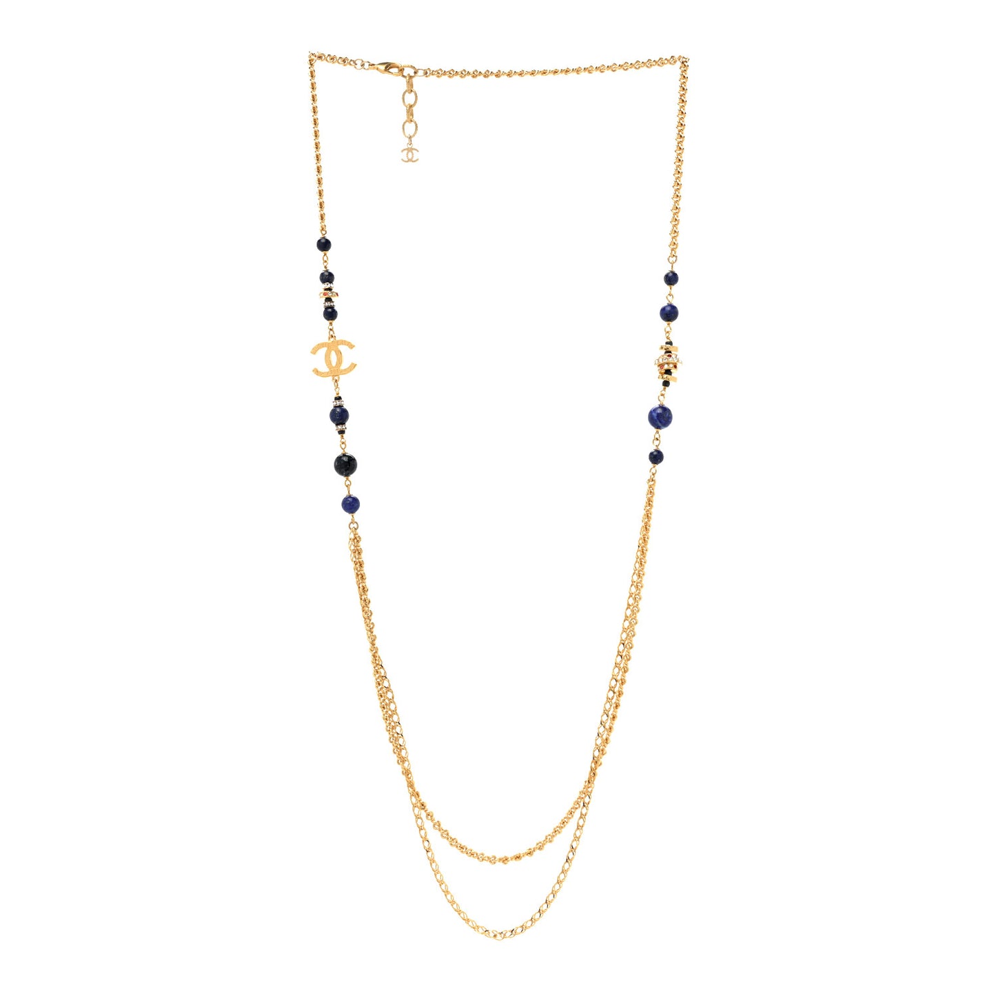 Beaded Enamel CC Long Necklace Blue Gold