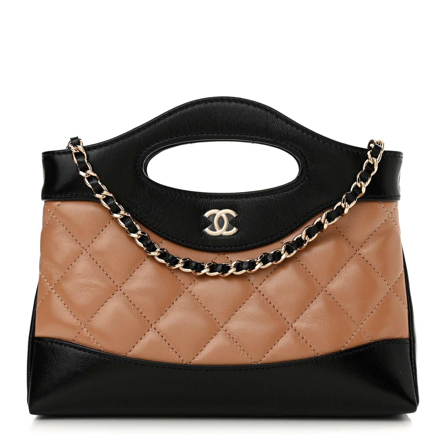 Chanel Shiny Crumpled Calfskin Quilted Nano 31 Shopping Bag Dark Beige Black 1 of 12