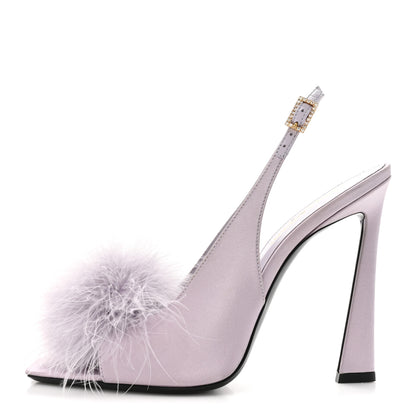 Saint Laurent Crepe Satin Blanco Feathered Sandals 38 Poly Grey 1 of 11