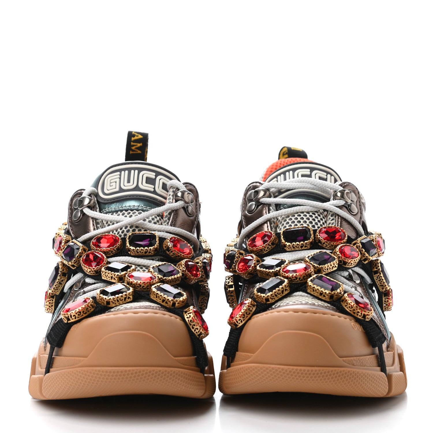Gucci X SEGA Metallic Calfskin Mesh Removable Crystals Womens Flashtrek Sneakers 37 Rame Mystic White Lago 2 of 4