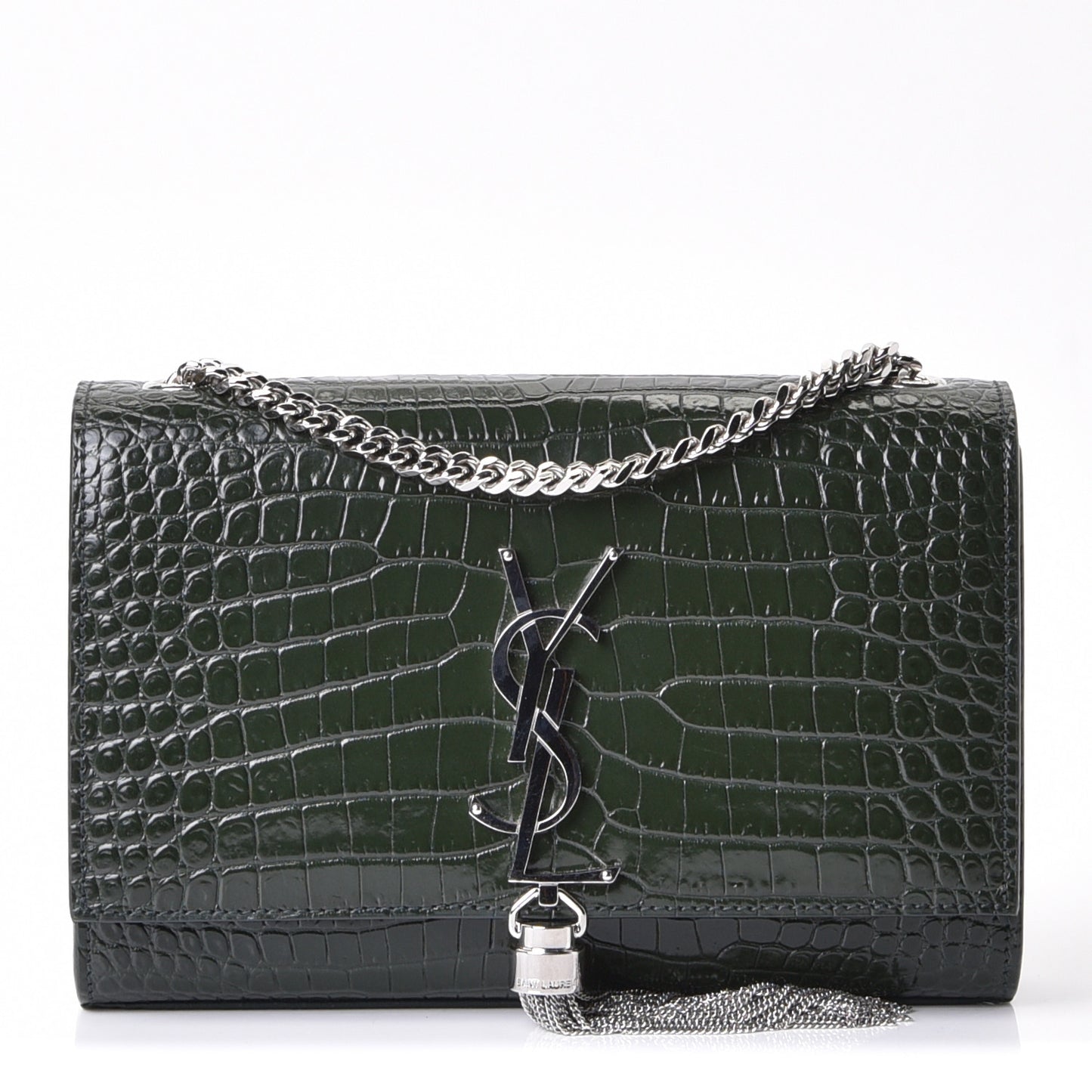 Calfskin Crocodile Embossed Small Classic Monogram Kate Tassel Satchel Dark Green