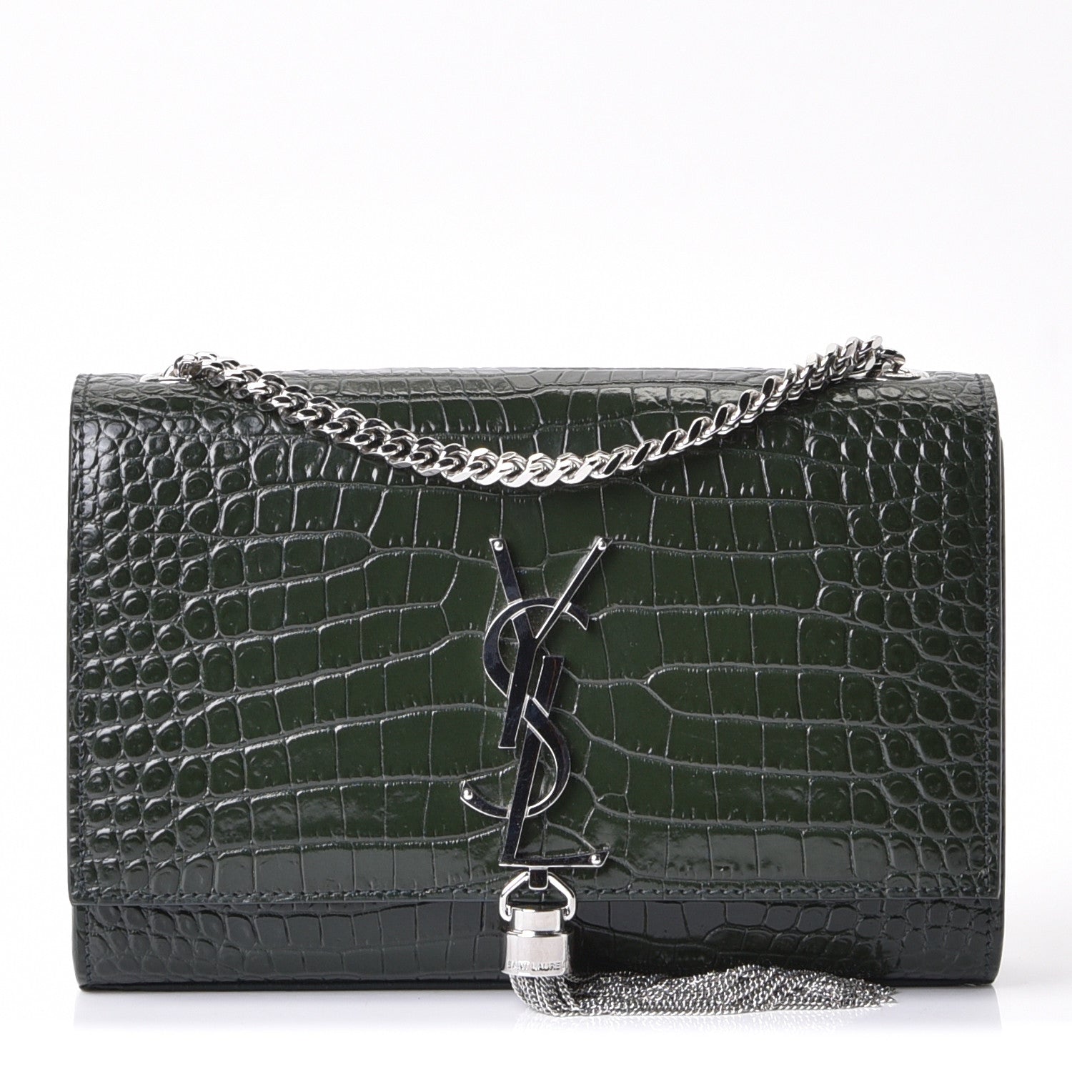 Saint Laurent Calfskin Crocodile Embossed Small Classic Monogram Kate Tassel Satchel Dark Green 1 of 5