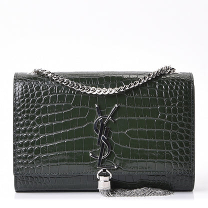 Saint Laurent Calfskin Crocodile Embossed Small Classic Monogram Kate Tassel Satchel Dark Green 1 of 5