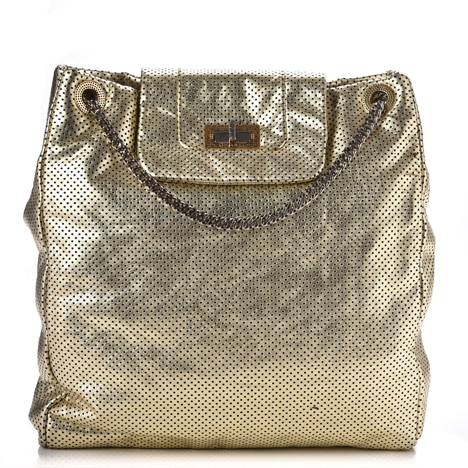 Chanel Metallic Crackled Calfskin Perforated Drill Shoulder Bag Gold 1 of 10