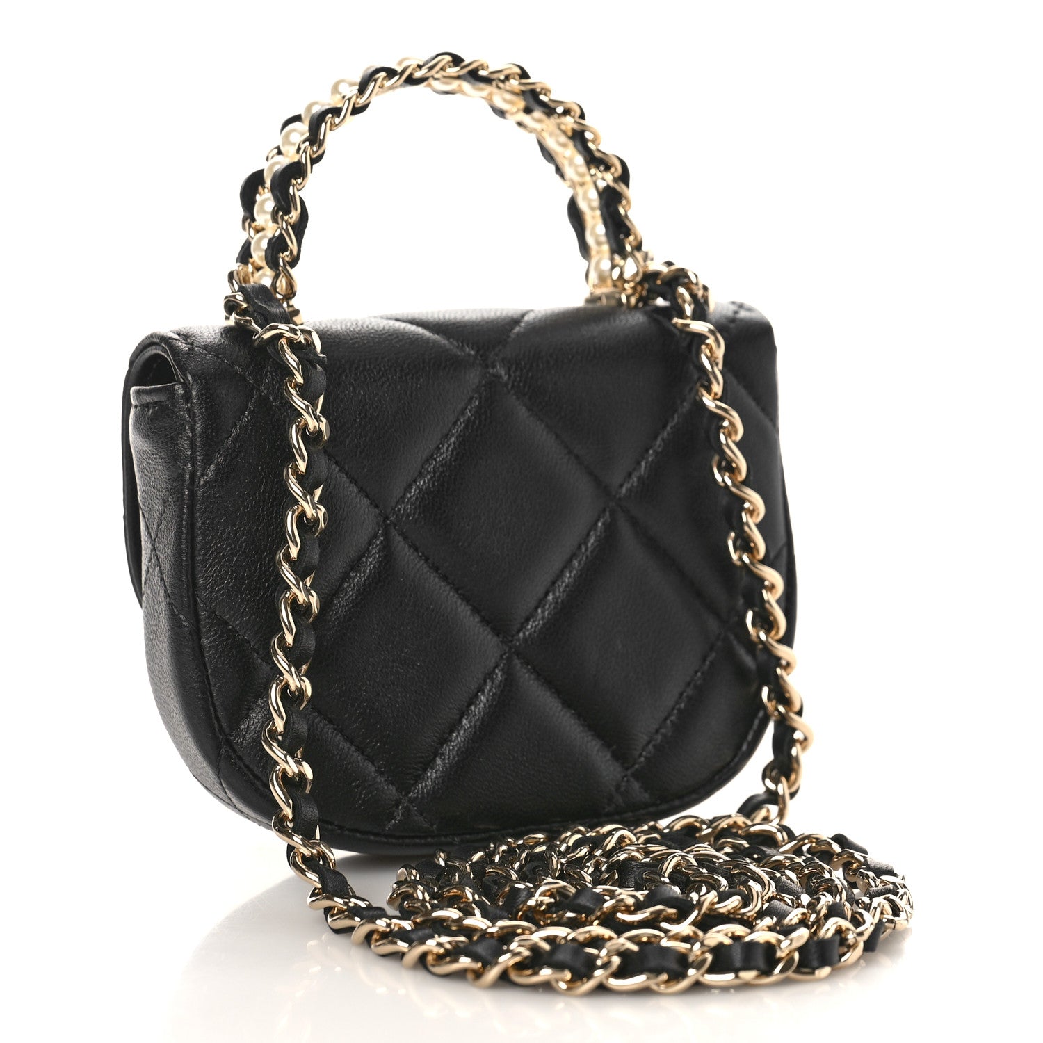 Chanel Lambskin Quilted Pearl Top Handle Clutch With Chain Black 3 of 11