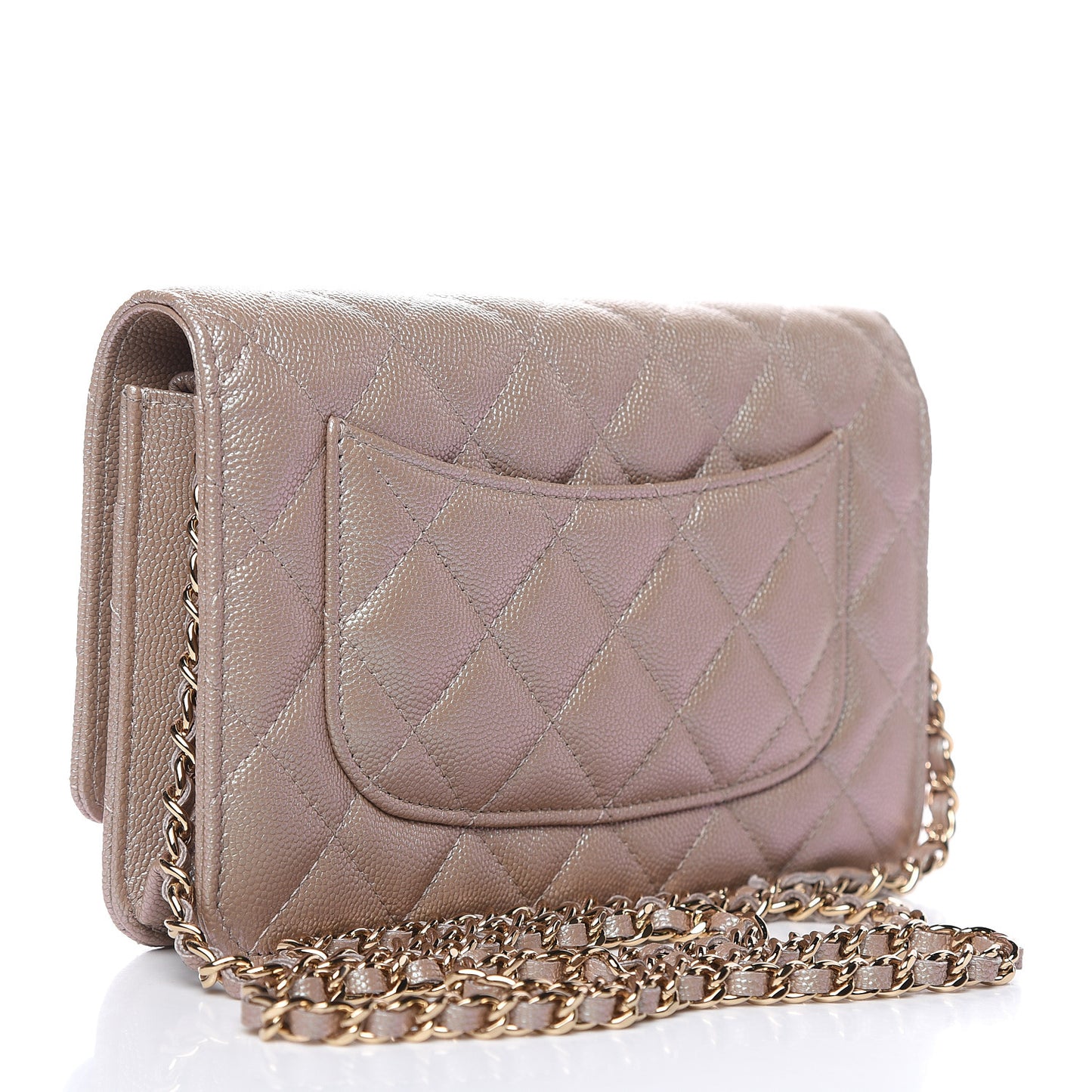 Iridescent Caviar Quilted Wallet On Chain WOC Beige