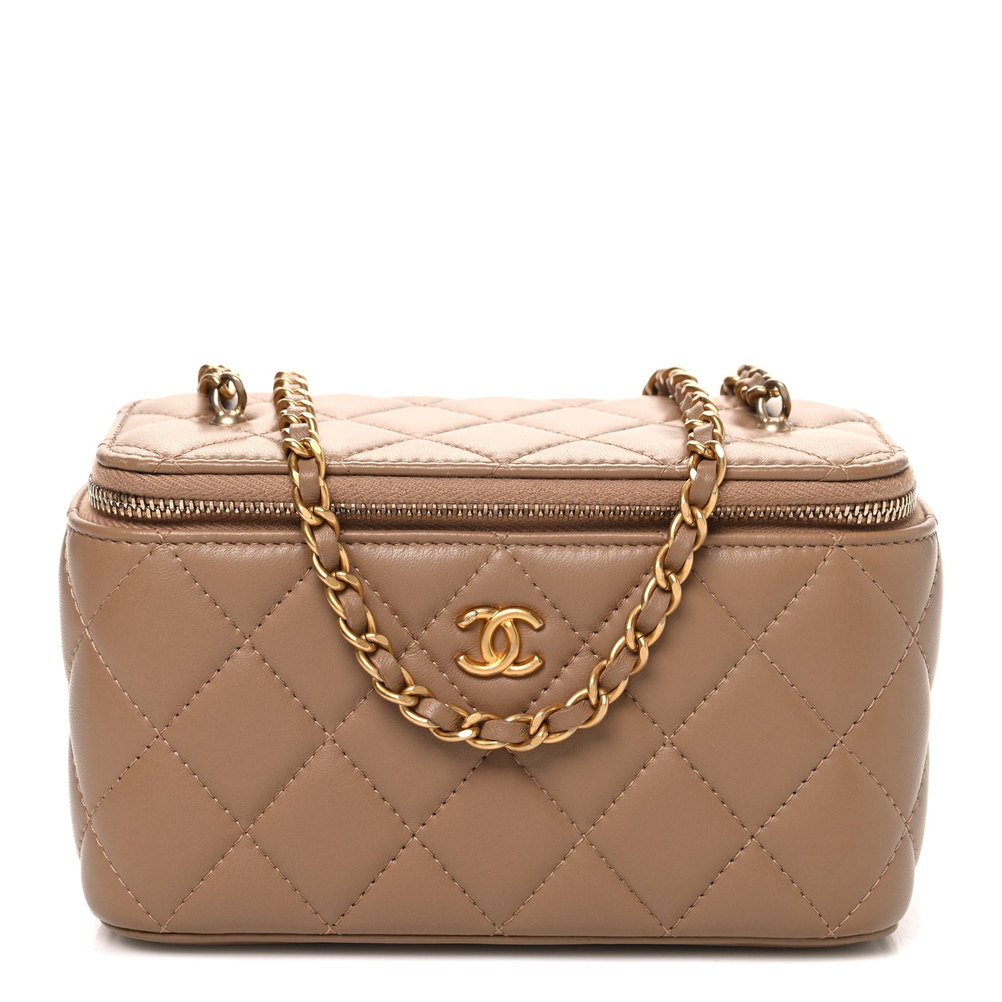 Lambskin Quilted Pearl Crush Small Vanity Case With Chain Beige