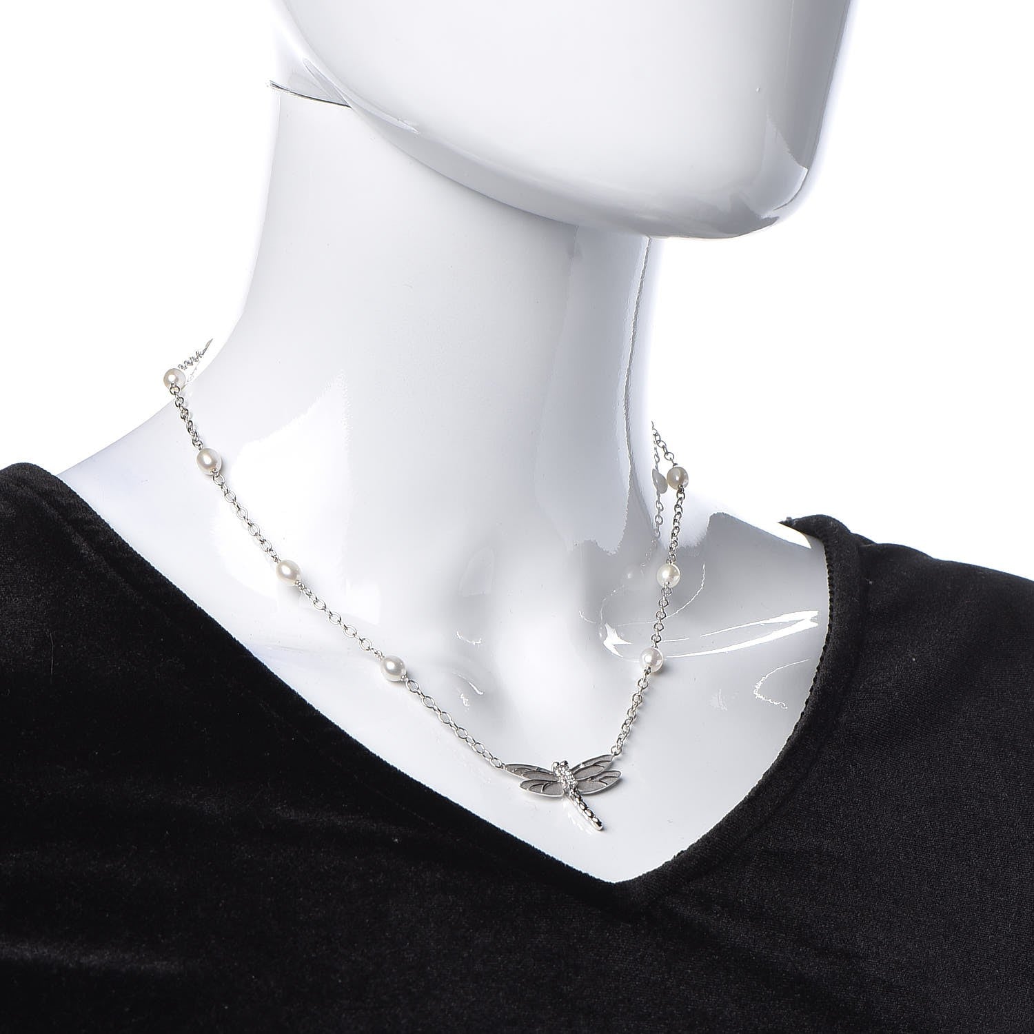 Tiffany 18K White Gold Diamond Pearl Dragonfly Station Necklace 2 of 7