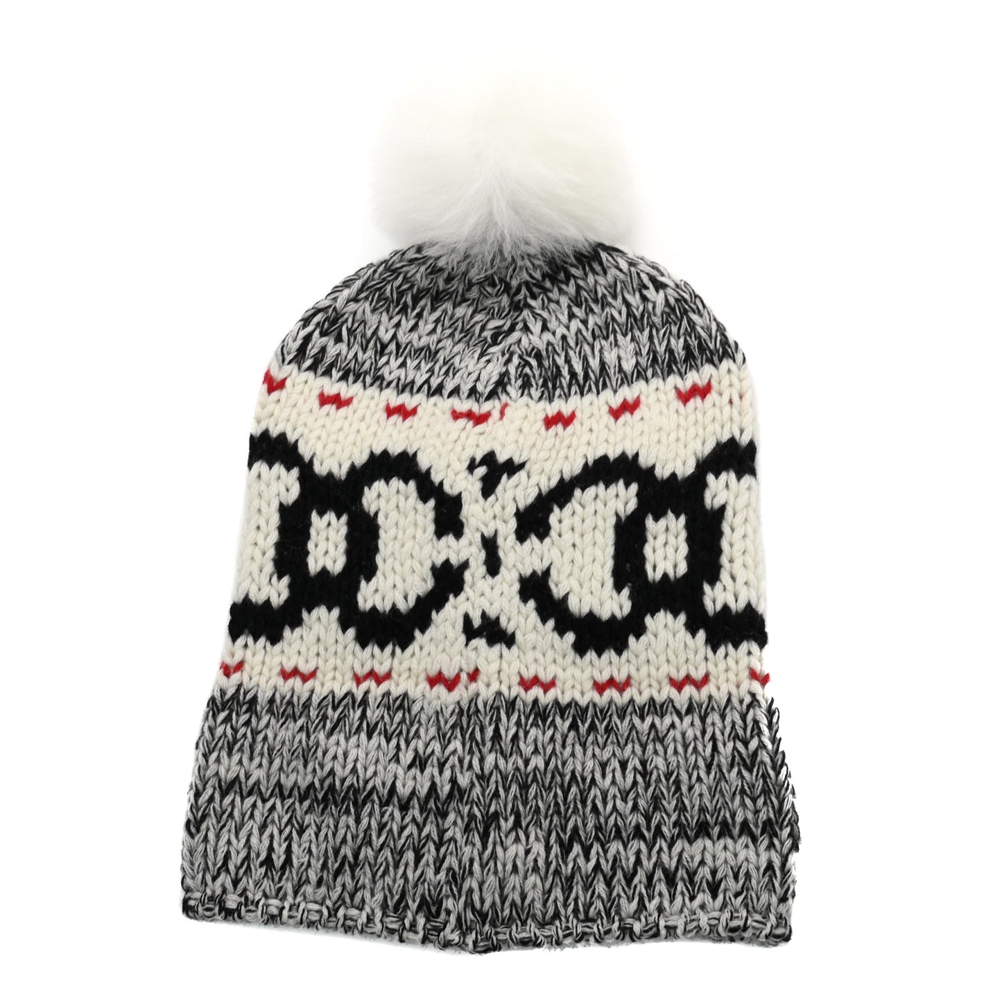 Wool Shearling CC Beanie Hat Ivory Black Red