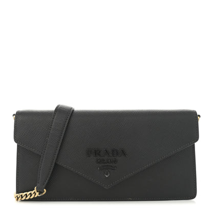 Prada Saffiano Cuir Calfskin Monochrome Envelope Wallet on Chain Shoulder Bag Black 1 of 16