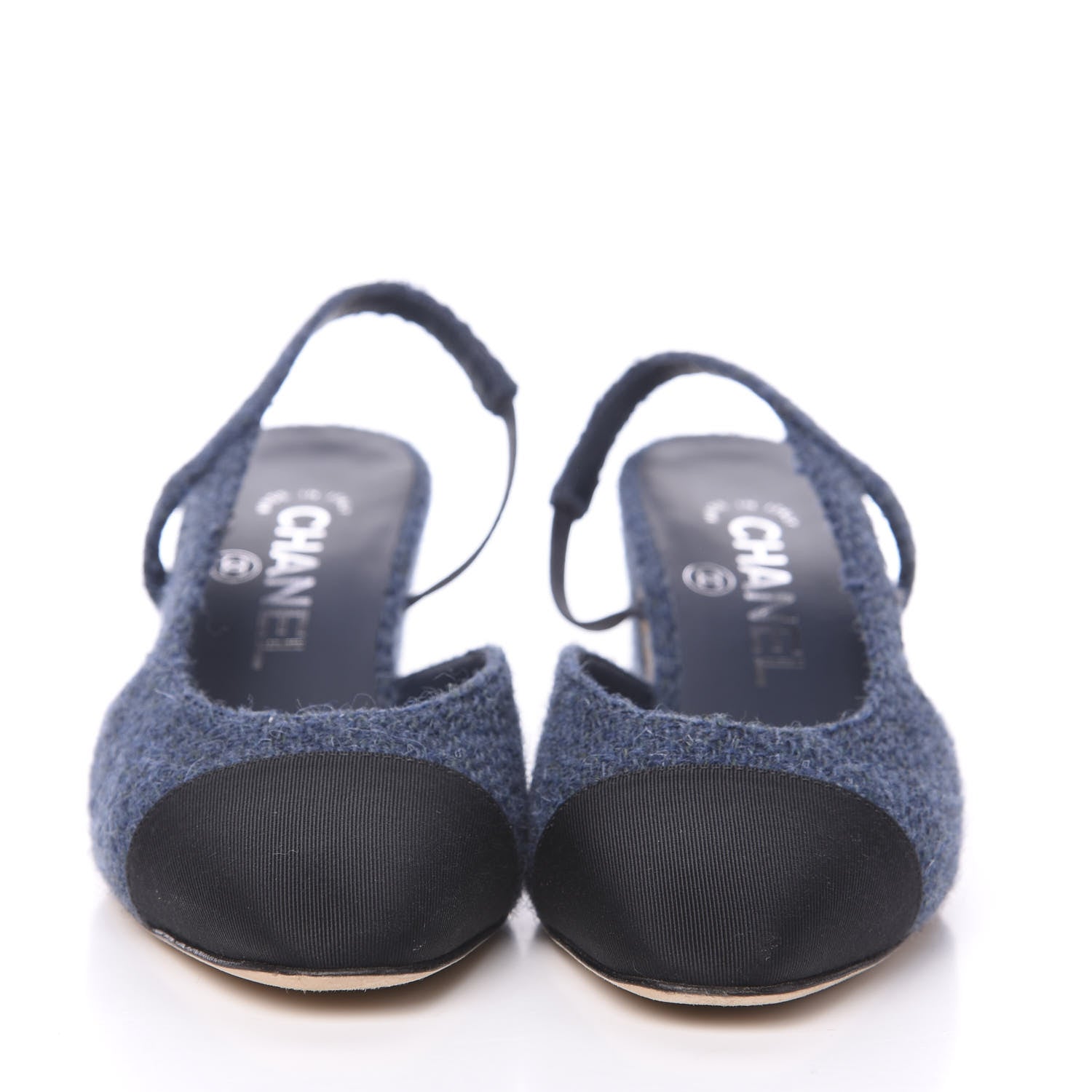 Chanel Tweed Grosgrain Cap Toe CC Slingback Pumps 35 Blue Black 2 of 8