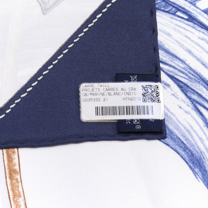 Hermes Silk Projets Carres Au Crayon Scarf 90 Bleu Marine White Indigo 3 of 4