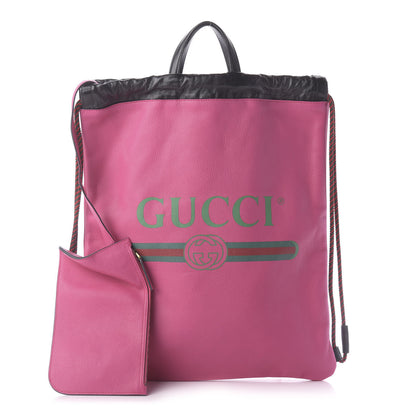 Gucci Grained Calfskin Logo Drawstring Backpack Box Pink Green Black 1 of 10