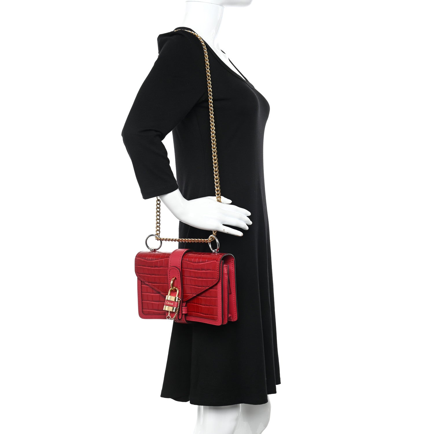 Chloe Calfskin Crocodile Embossed Aby Chain Shoulder Bag Brick Red 2 of 9