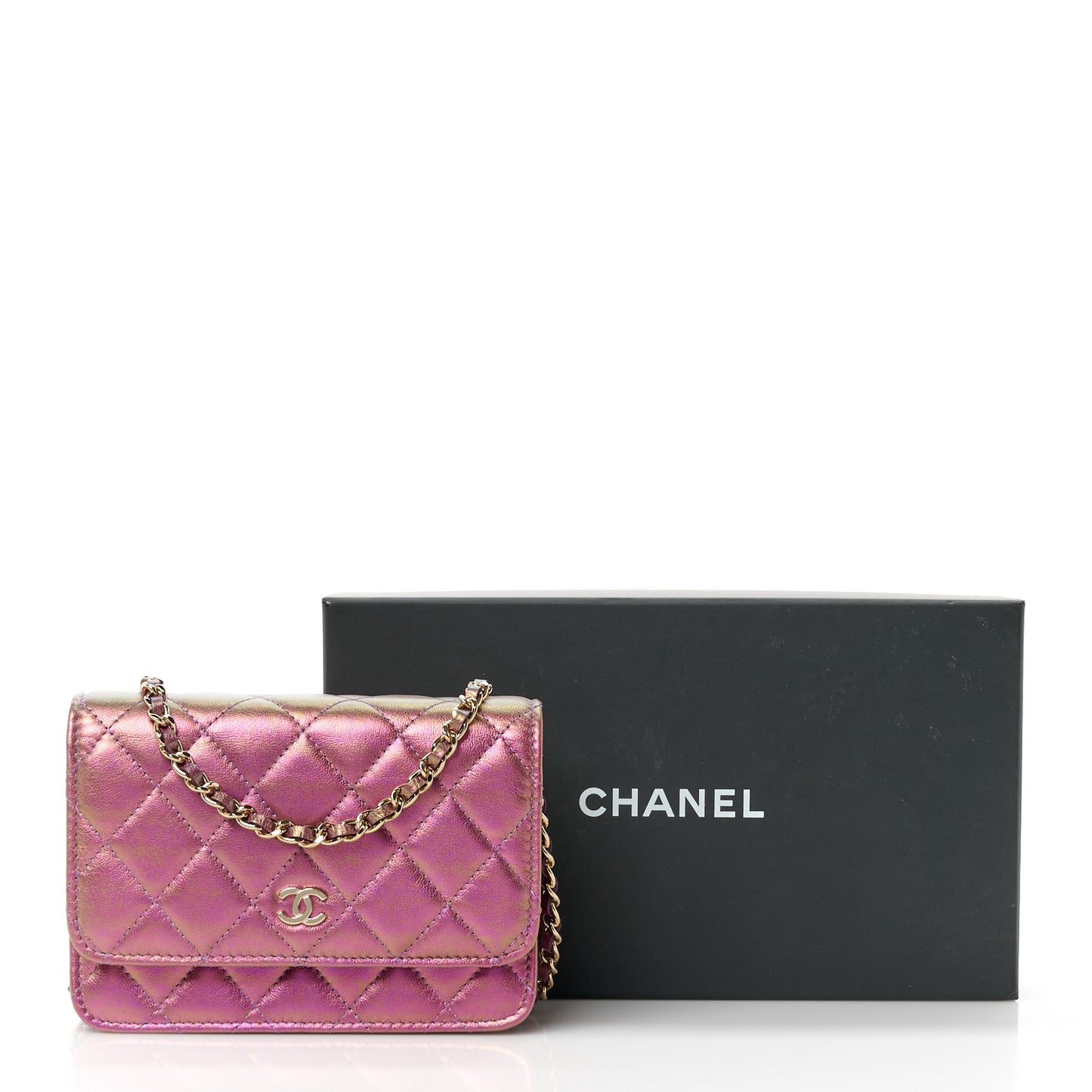 Iridescent Lambskin Quilted Mini Wallet On Chain WOC Purple