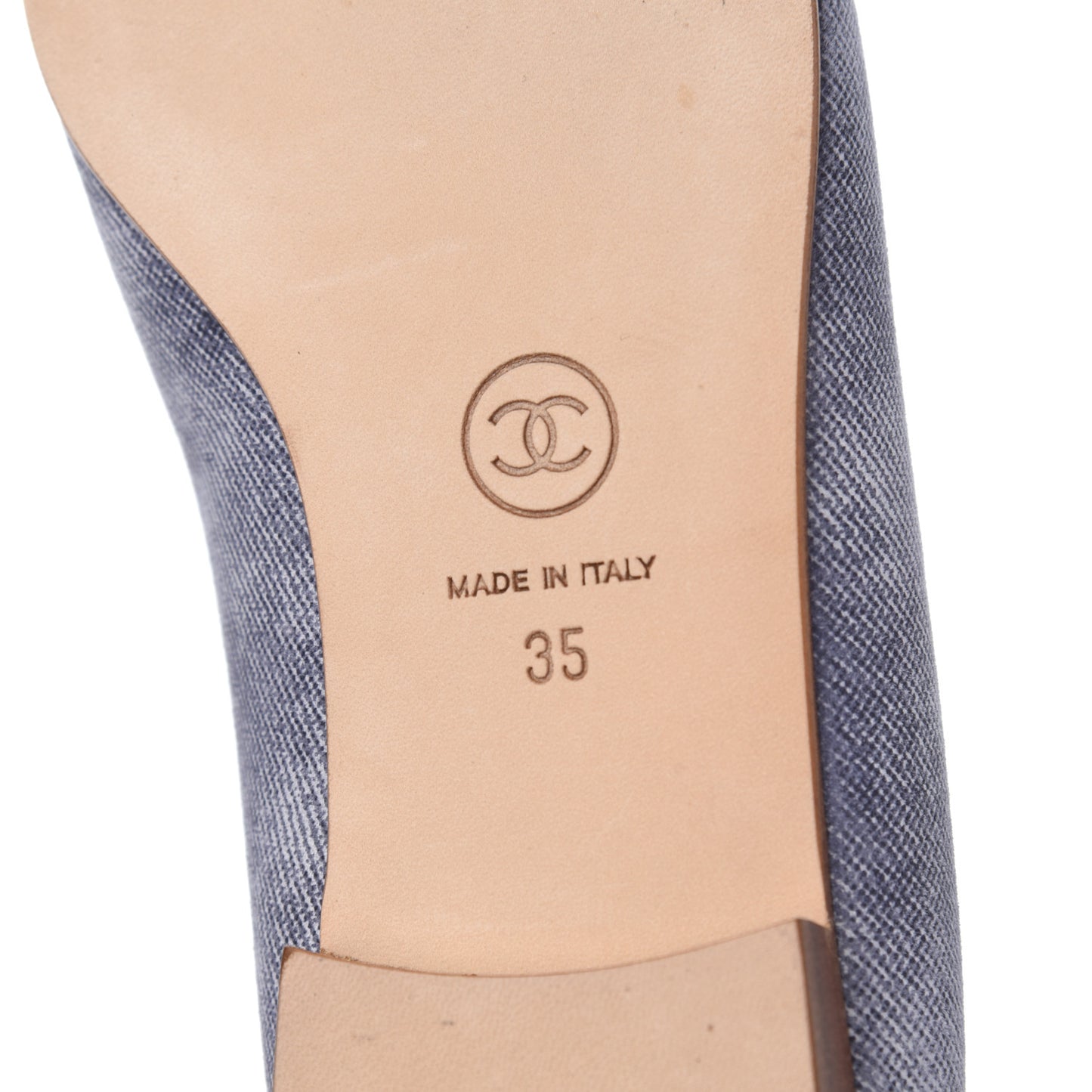 Satin Denim Goatskin CC Cap Toe Ballerina Flats 35 Blue
