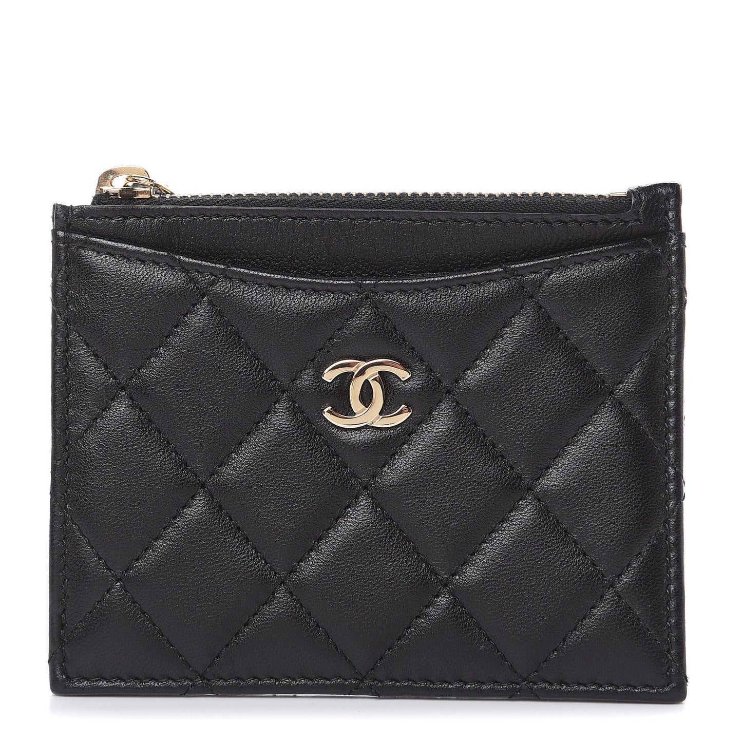 Lambskin Quilted Zip Card Holder Black