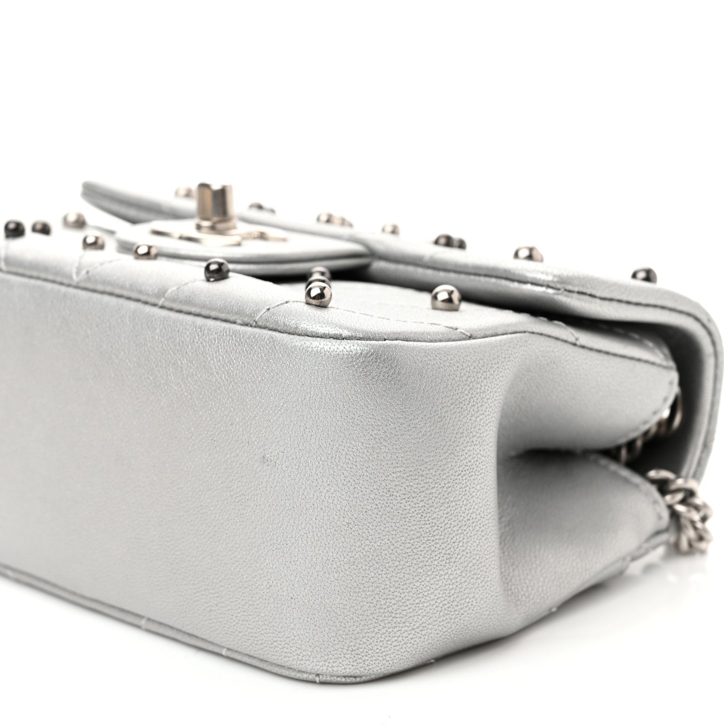 Metallic Lambskin Chevron Quilted Studded Extra Mini Flap Silver