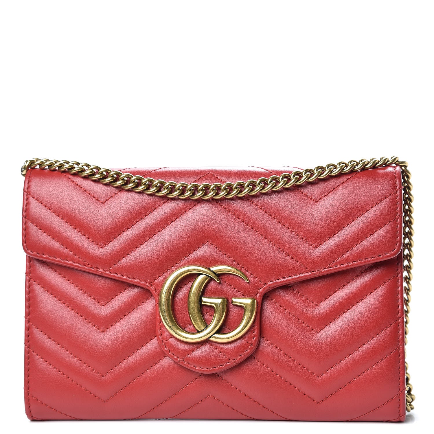 Gucci Calfskin Matelasse Mini GG Marmont Chain Wallet Hibiscus Red 1 of 16