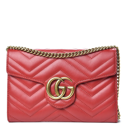Gucci Calfskin Matelasse Mini GG Marmont Chain Wallet Hibiscus Red 1 of 16