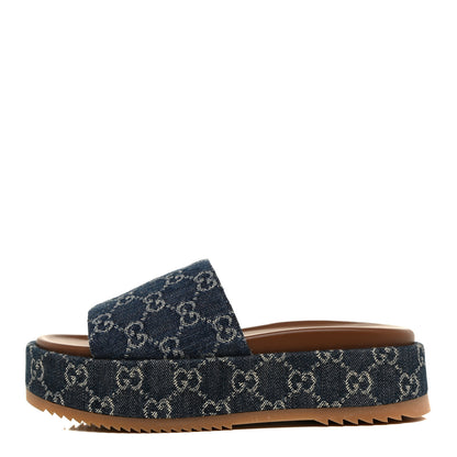 Gucci New Denim GG Monogram Angelina Platform 55mm Slide Sandals 38.5 Blue Tea 1 of 10