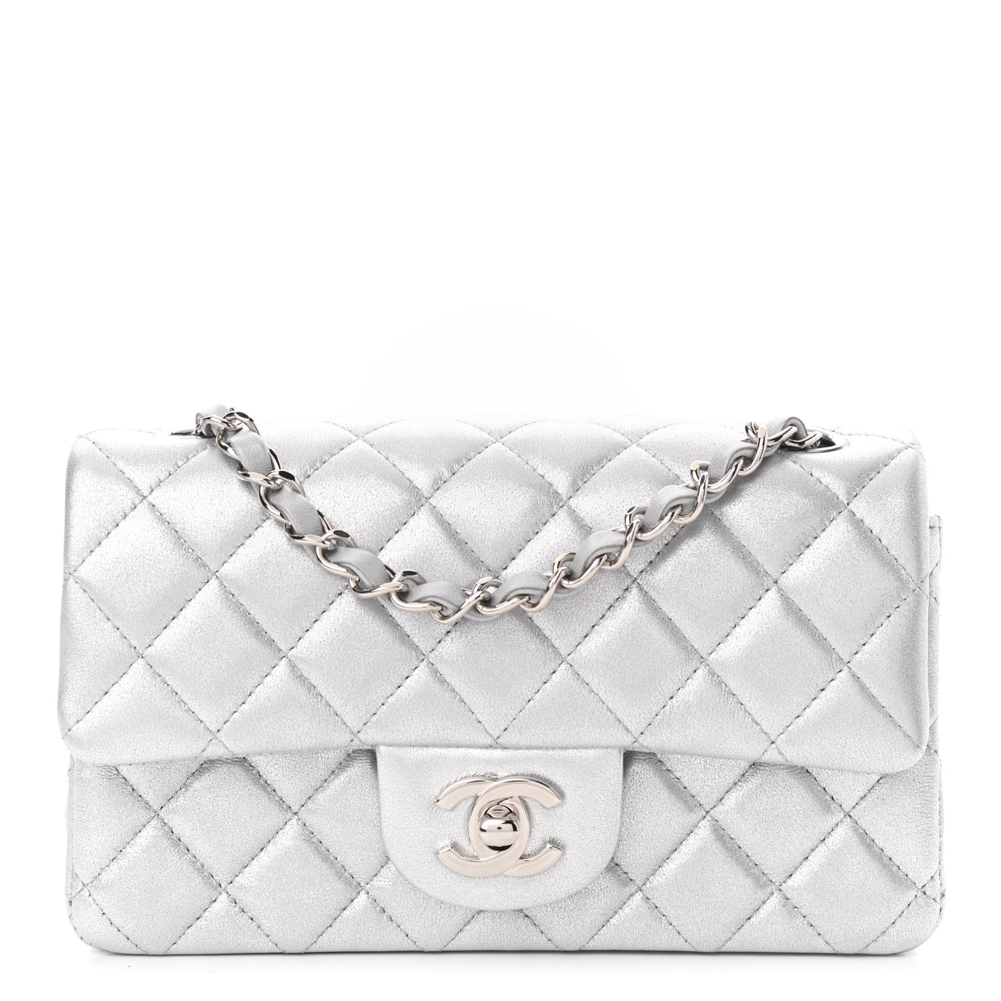 Metallic Lambskin Quilted Mini Rectangular Flap Silver