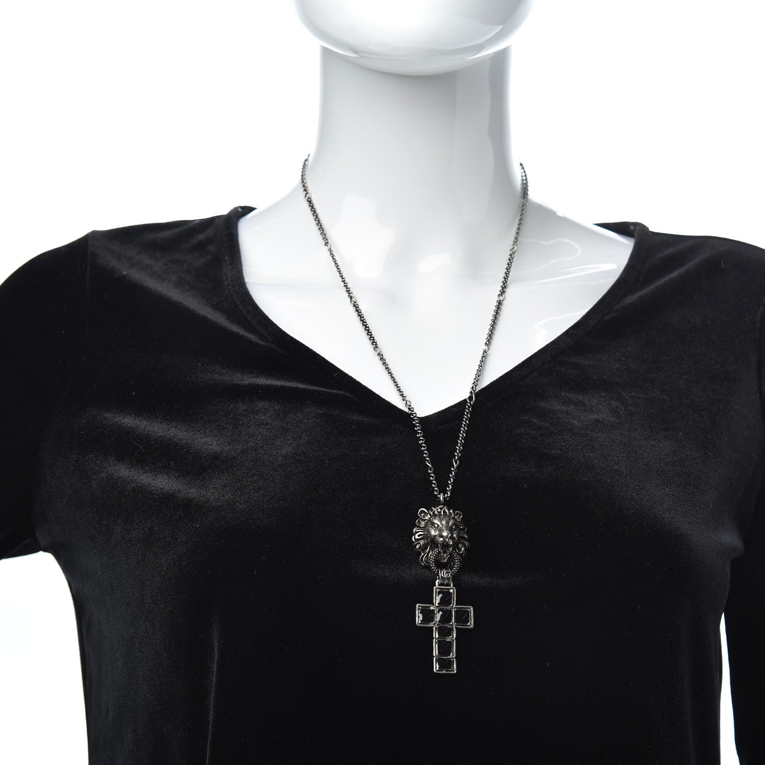 Gucci Enamel Brass Lion Head Crucifix Necklace Black 2 of 6