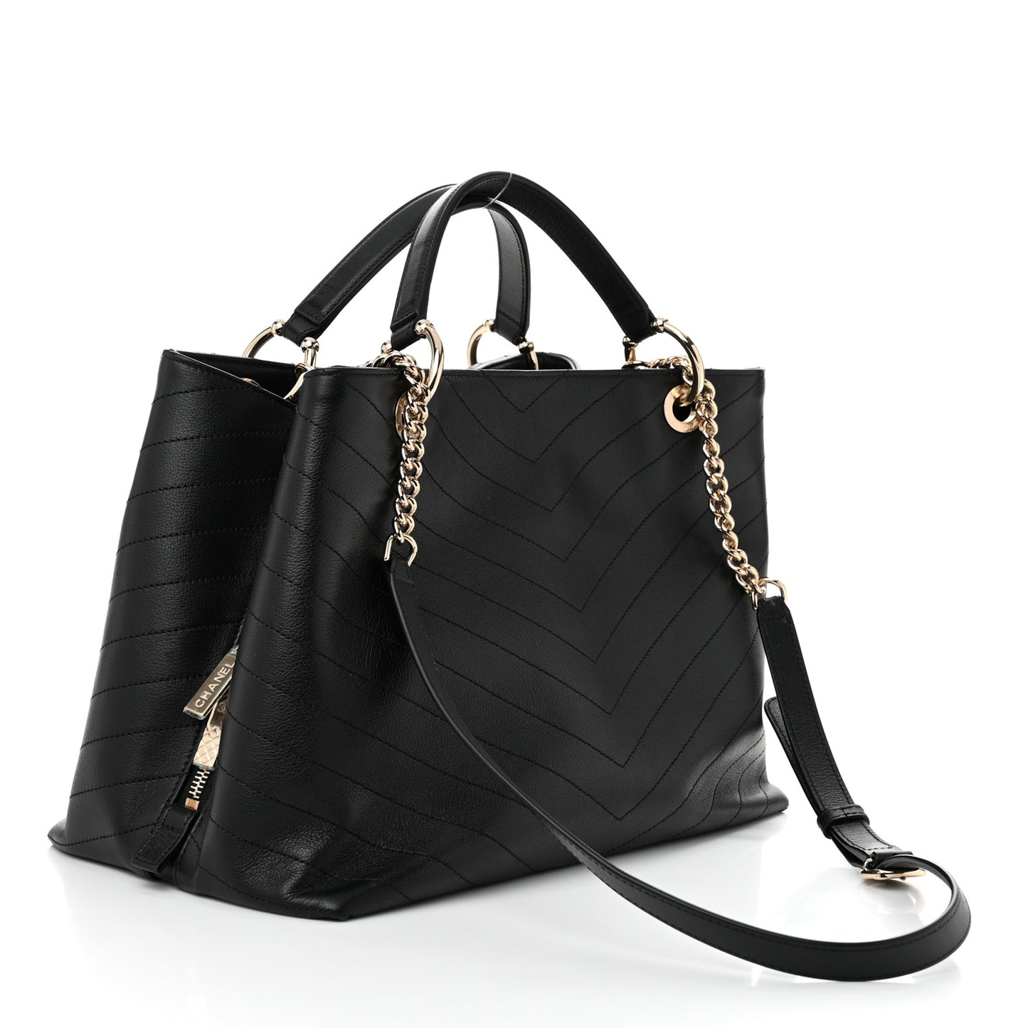 Calfskin Stitched Large Chevron Chic Shopping Bag Black