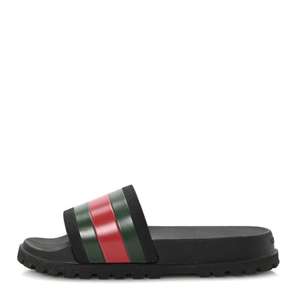 Gucci Rubber Web Mens Lug Sole Slide Sandals 7 Black Green Red 1 of 8